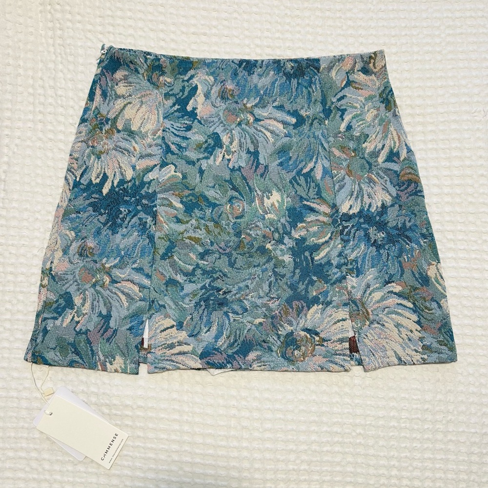Commense Blue Floral Mini Skirt with Slit